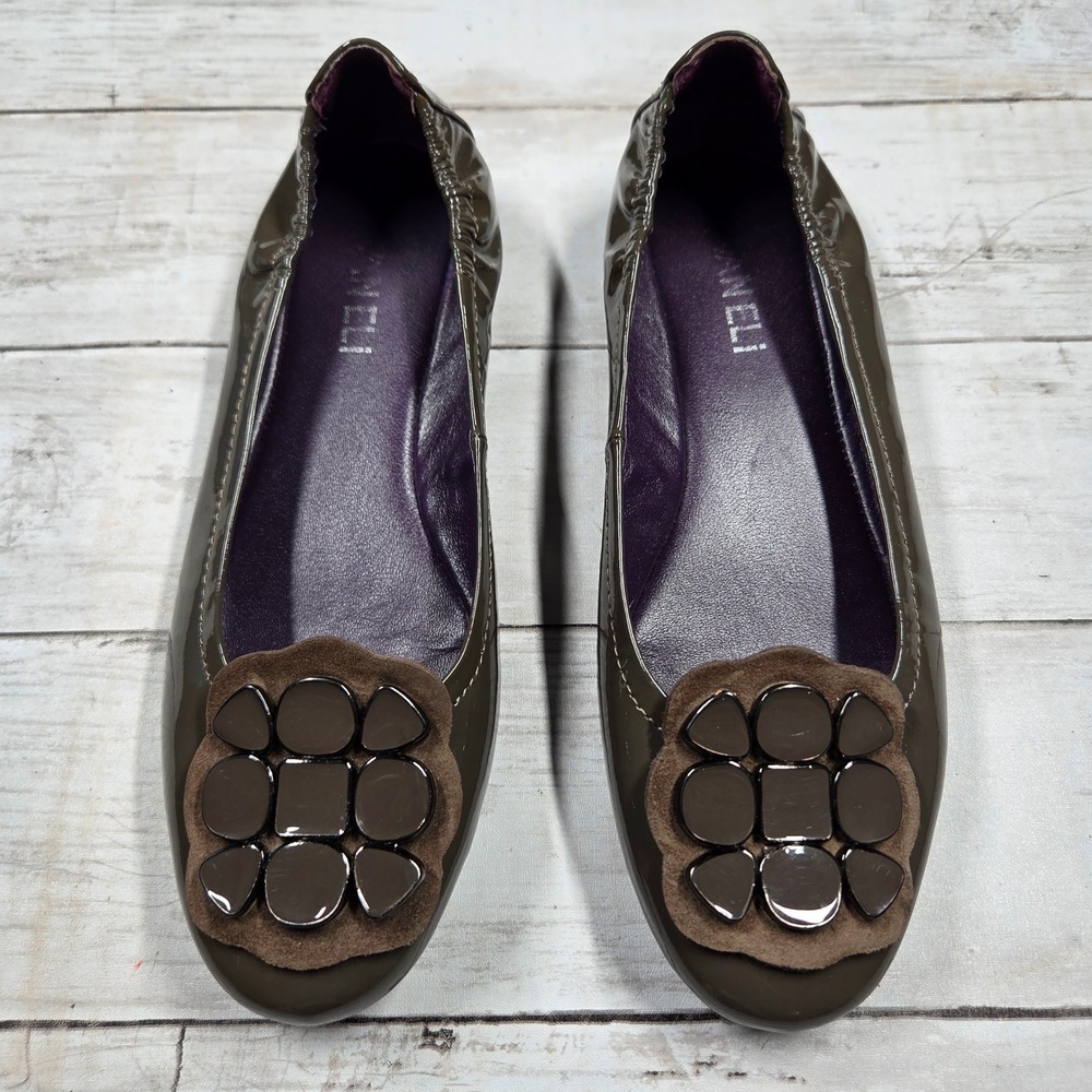 Vaneli Patent Leather Floral Ballet Flats Women 6.5M Olive Green Round Toe